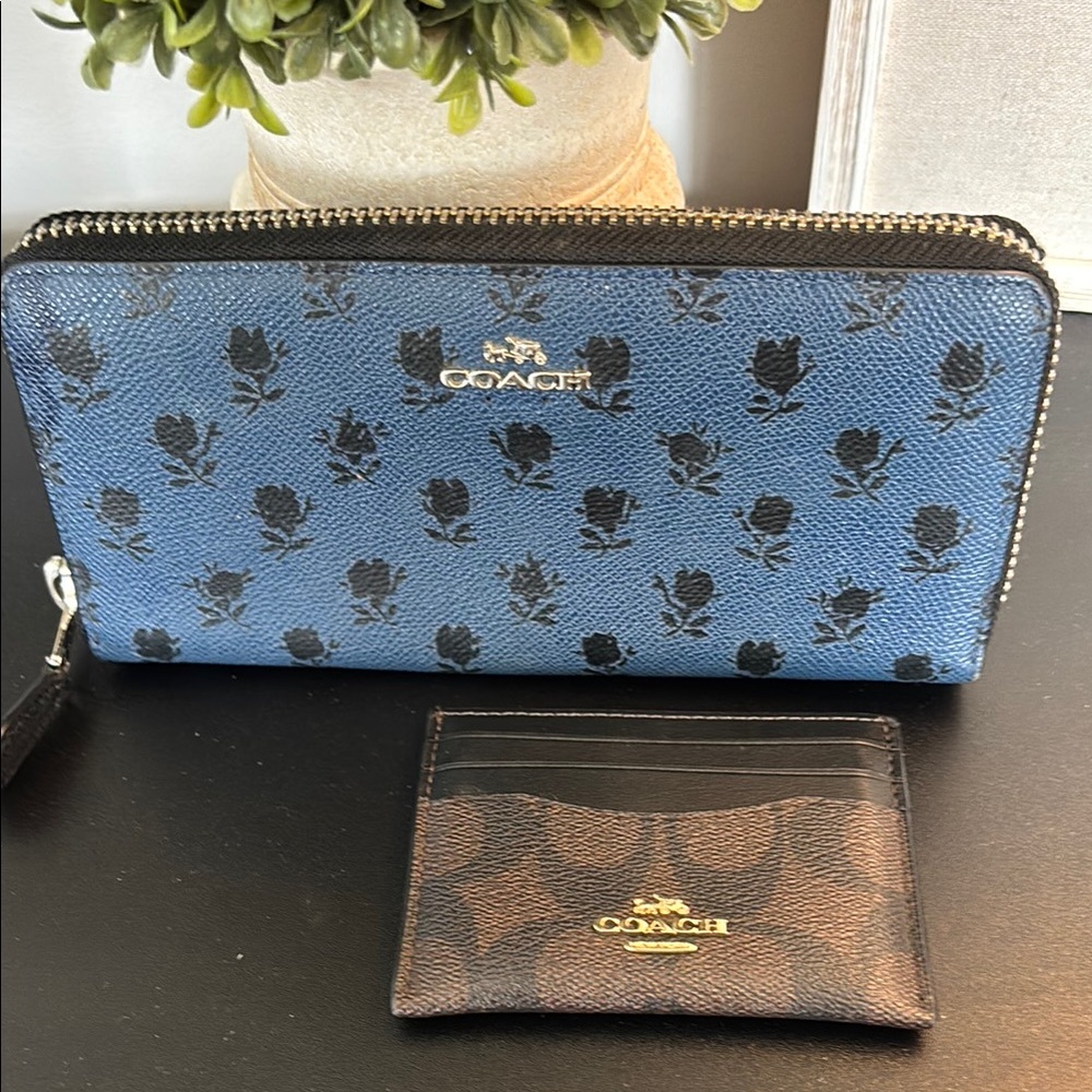 Coach Blue and Black Floral Wallet and Card Holder